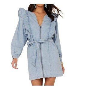 Free People Womens Denim Ruffle Zip Front Belted Mini Dress Size Medium NWT